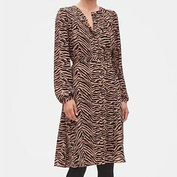 Banana Republic Tan Black Tiger Print Long Sleeve Dress Size 0 - Picture 1 of 4